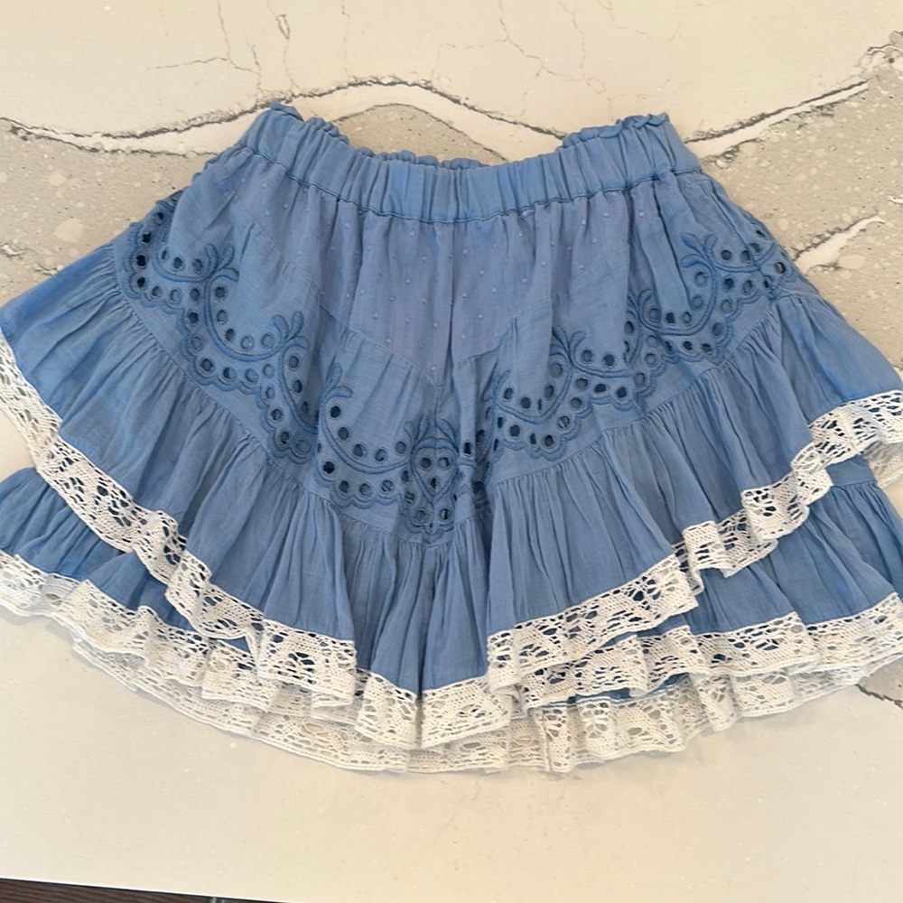 Love Shack Fancy Size 2 Chambray mini skirt with white lace